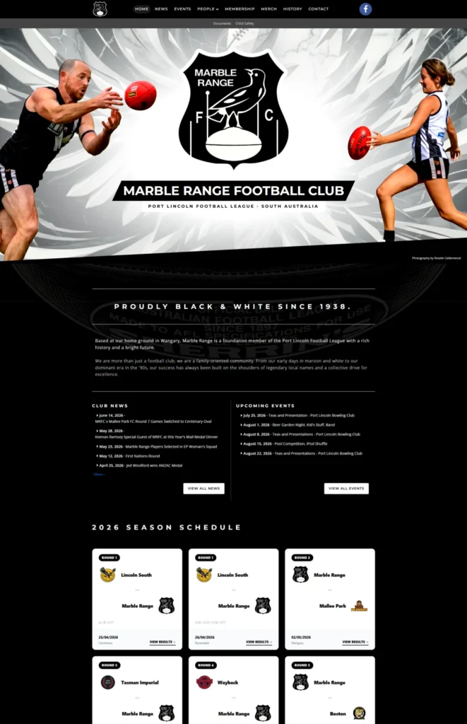 Marble Range Football Club website designed by Pixel Lantern